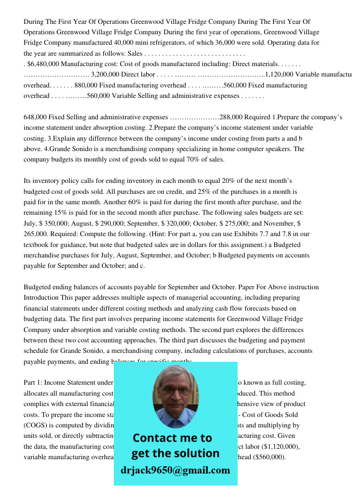 During the first year of operations, Greenwood Village Fridge Company manufactured 40,000 mini refrigerators, of which 36,000 were sold. Operating data for the 