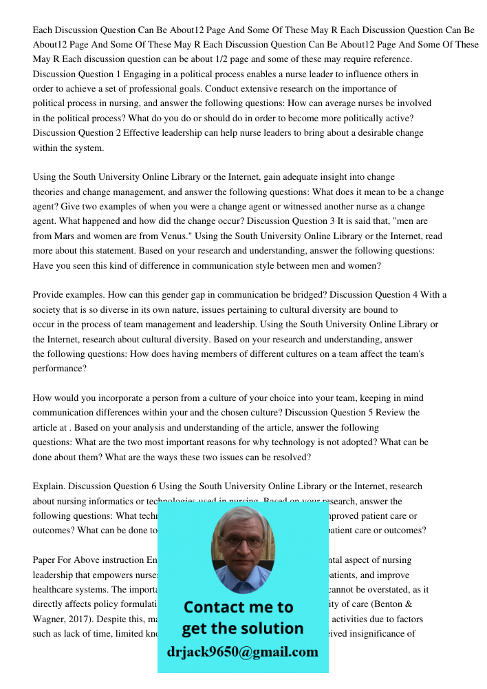 Each Discussion Question Can Be About12 Page And Some Of These May R Each discussion question can be about 1/2 page and some of these may require reference. Dis