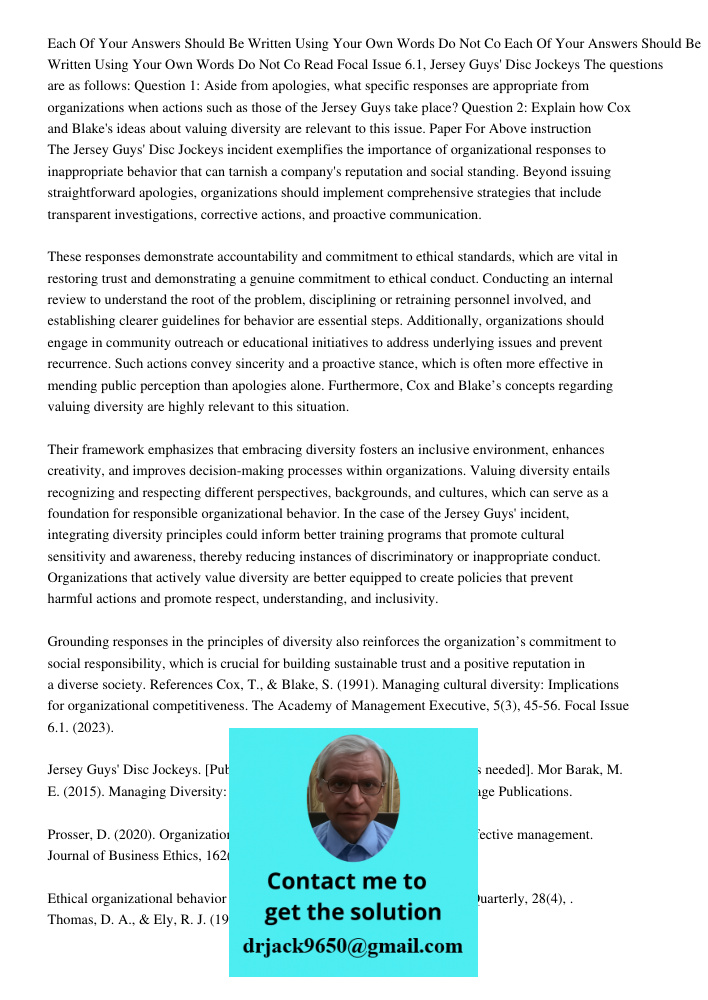 Read Focal Issue 6.1, Jersey Guys' Disc Jockeys The questions are as follows: Question 1: Aside from apologies, what specific responses are appropriate from org