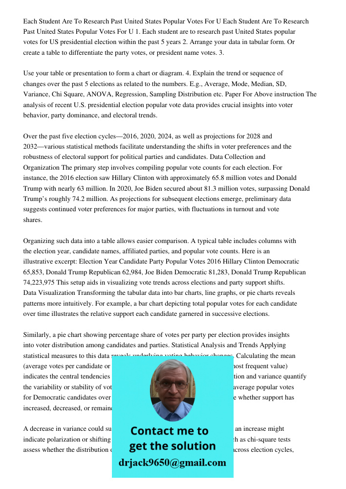 1. Each student are to research past United States popular votes for US presidential election within the past 5 years 2. Arrange your data in tabular form. Or c