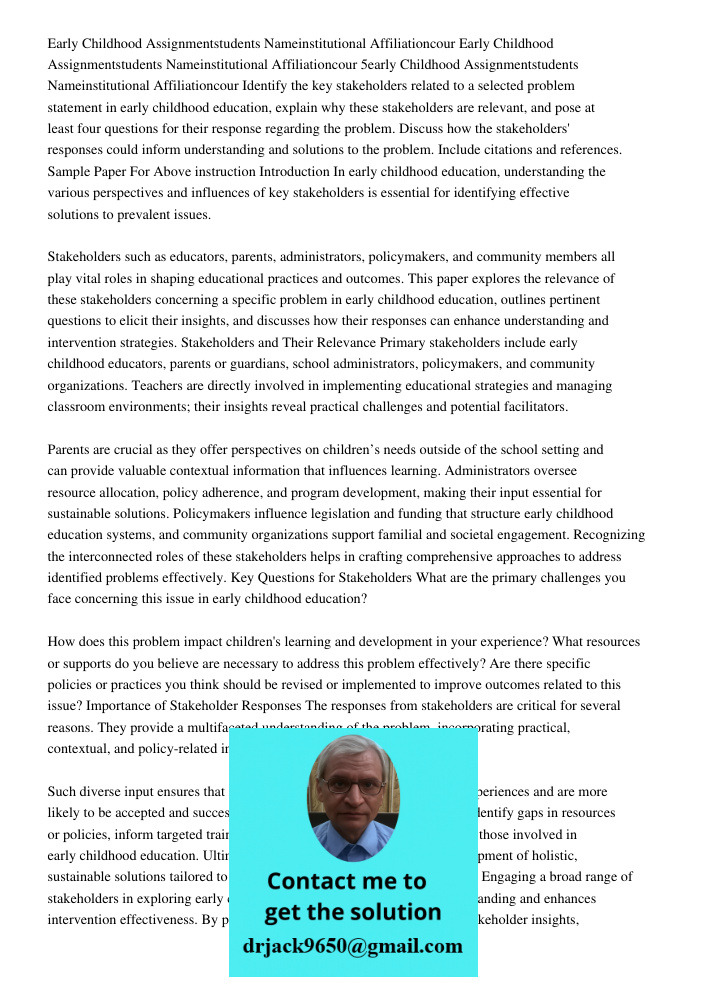 Early Childhood Assignmentstudents Nameinstitutional Affiliationcour Identify the key stakeholders related to a selected problem statement in early childhood ed
