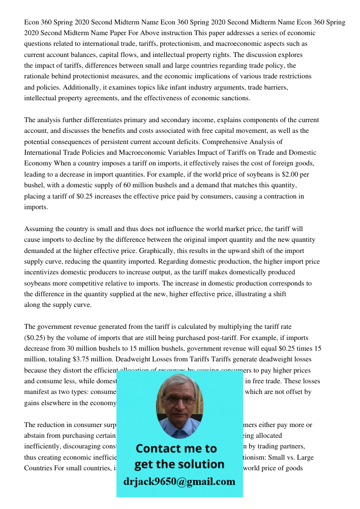 Econ 360 Spring 2020 Second Midterm Name Paper For Above instruction This paper addresses a series of economic questions related to international trade, tariffs
