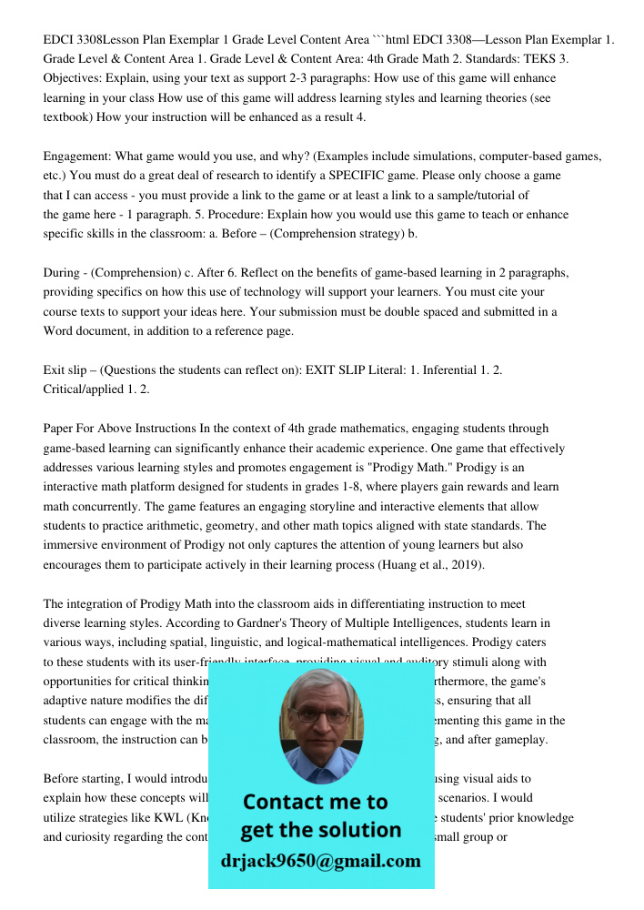 EDCI 3308 — Lesson Plan Exemplar 1: Grade Level & Content Ar