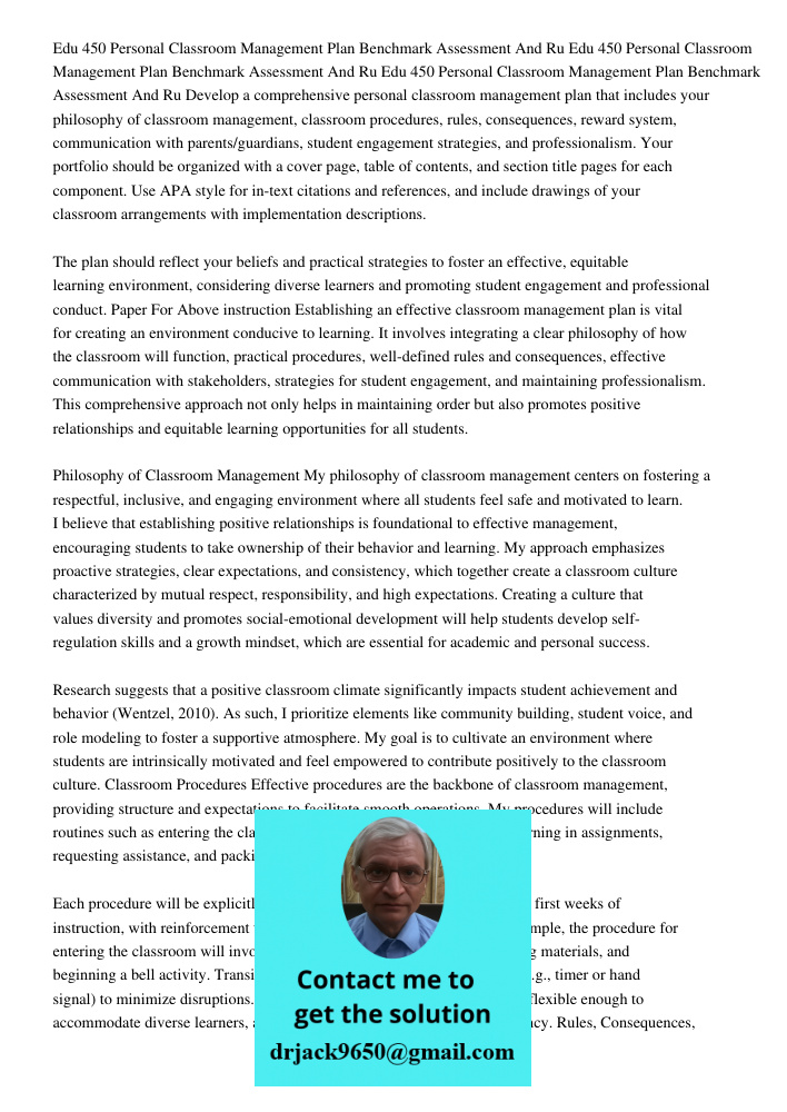 Edu 450 Personal Classroom Management Plan Benchmark Assessment And Ru Develop a comprehensive personal classroom management plan that includes your philosophy 