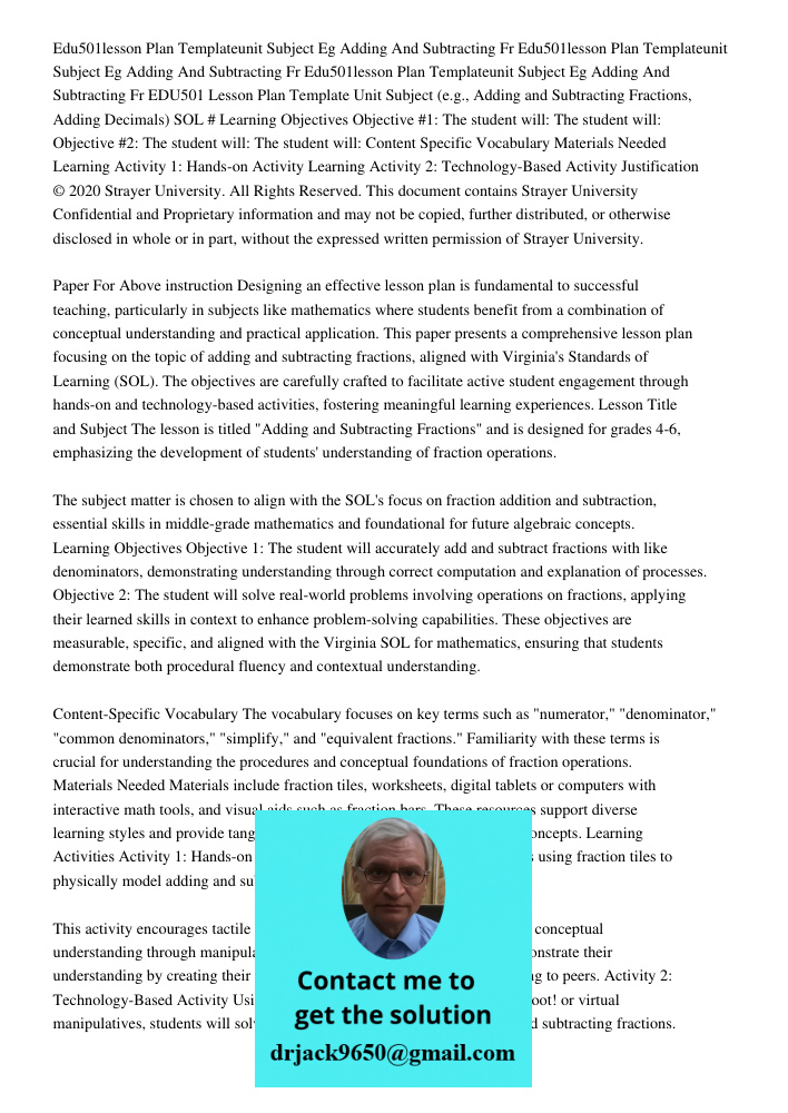 Edu501lesson Plan Templateunit Subject Eg Adding And Subtracting Fr EDU501 Lesson Plan Template Unit Subject (e.g., Adding and Subtracting Fractions, Adding Dec