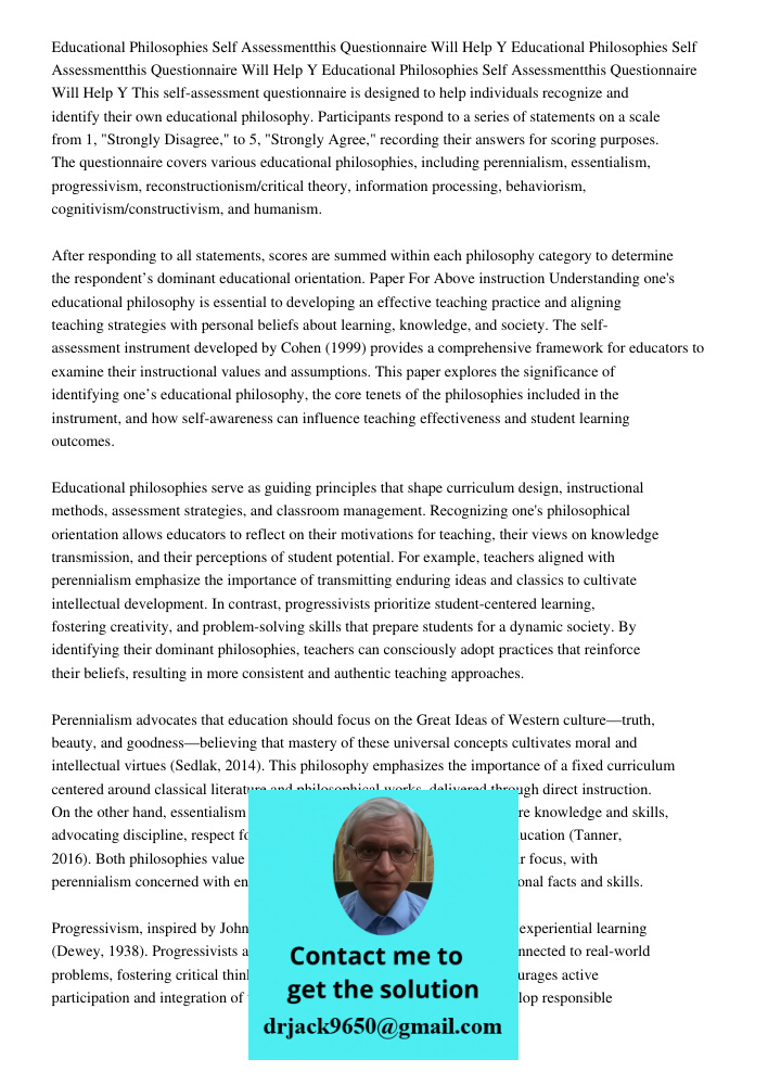 Educational Philosophies Self Assessmentthis Questionnaire Will Help Y This self-assessment questionnaire is designed to help individuals recognize and identify
