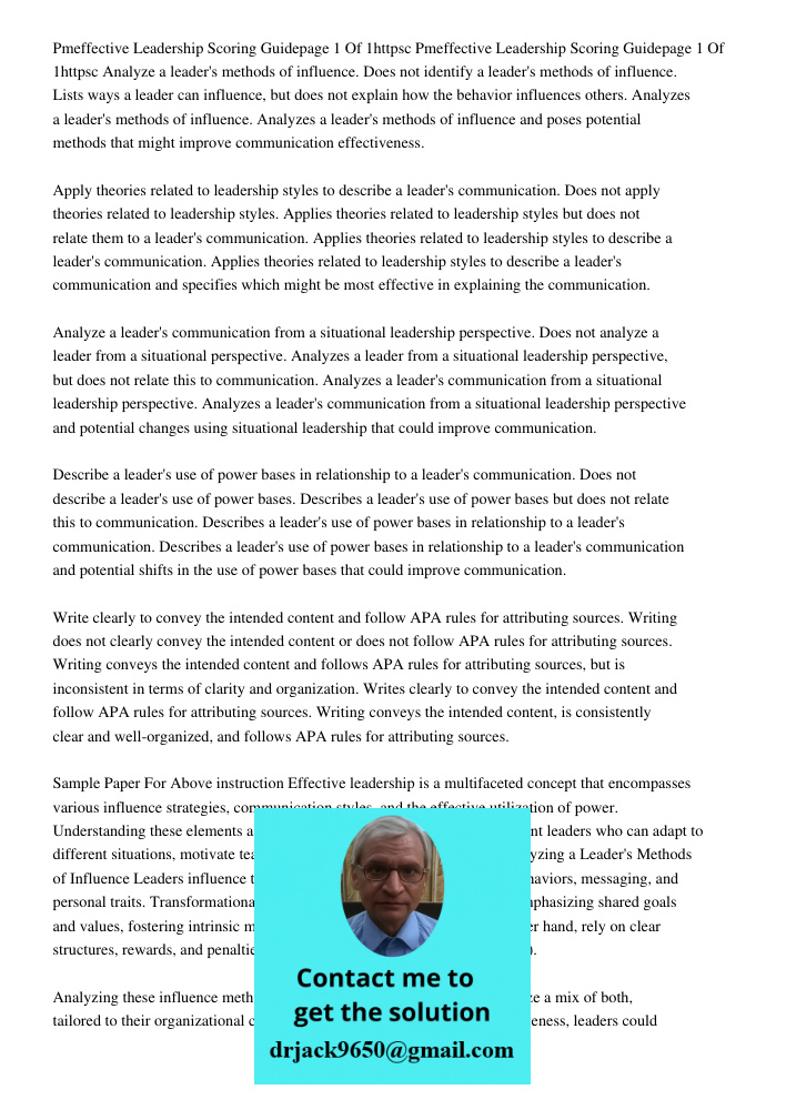 Analyze a leader's methods of influence. Does not identify a leader's methods of influence. Lists ways a leader can influence, but does not explain how the beha