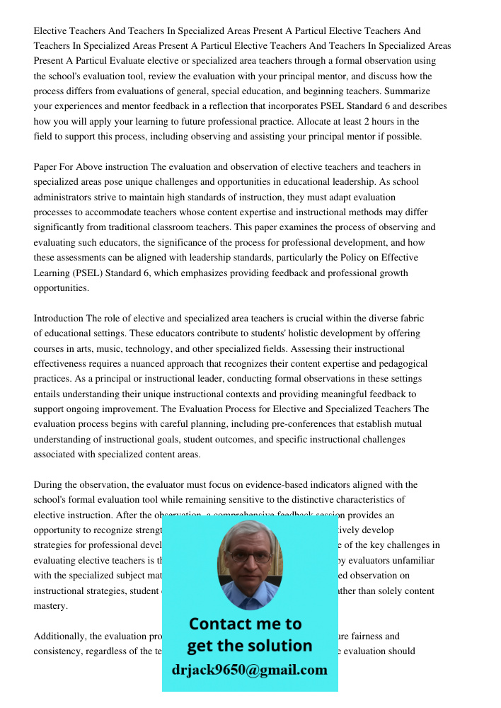 Elective Teachers And Teachers In Specialized Areas Present A Particul Evaluate elective or specialized area teachers through a formal observation using the sch