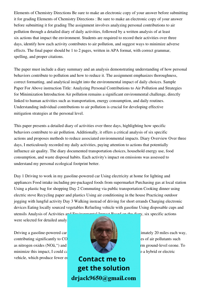 The assignment involves analyzing personal contributions to air pollution through a detailed diary of daily activities, followed by a written analysis of at lea