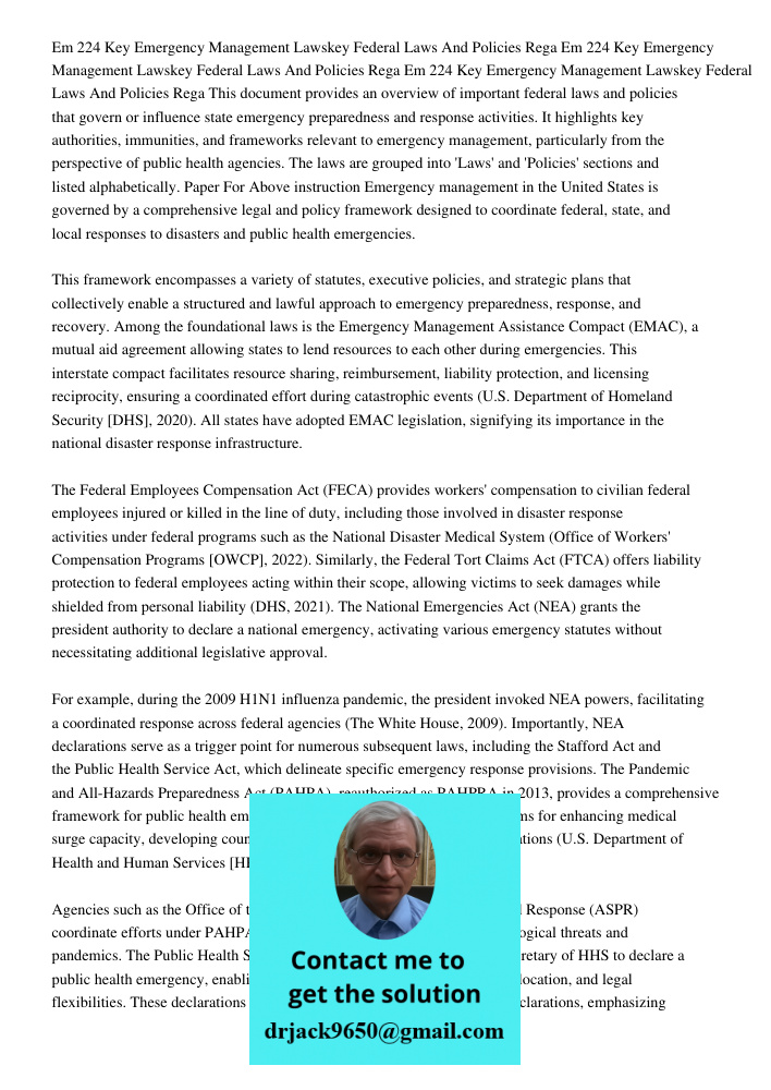 Em 224 Key Emergency Management Lawskey Federal Laws And Policies Rega This document provides an overview of important federal laws and policies that govern or 