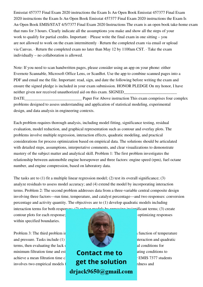 Emisstat 457377 Final Exam 2020 instructions the Exam Is An Open Book EMIS/STAT 4/5/7377 Final Exam 2020 Instructions The exam is an open book take-home exam th