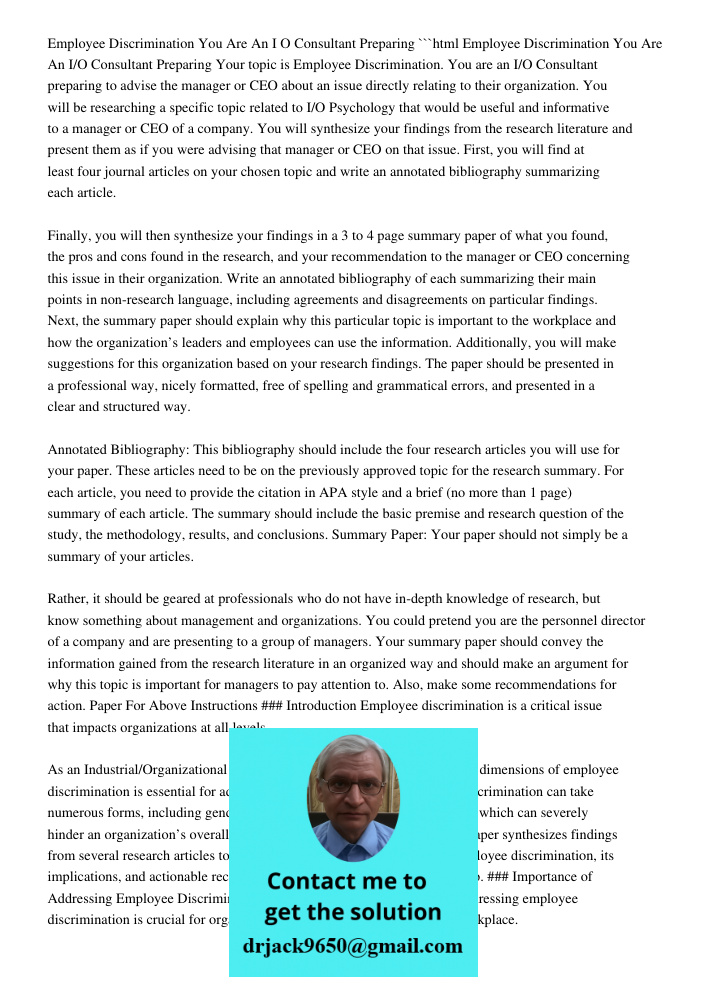 Employee Discrimination You Are An I/O Consultant Preparing