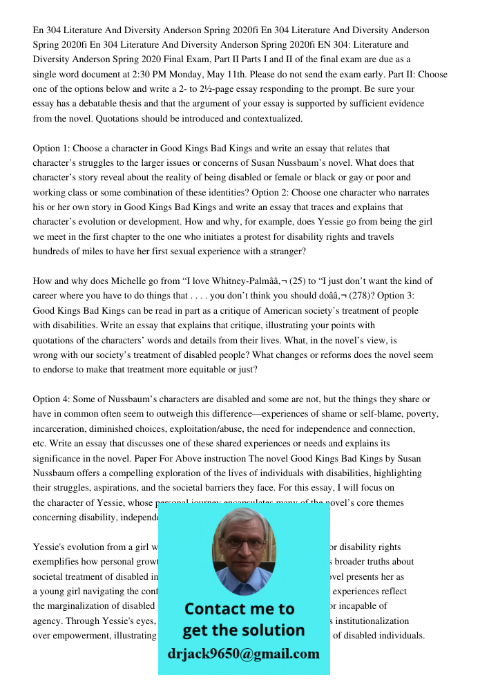 En 304 Literature And Diversity Anderson Spring 2020fi EN 304: Literature and Diversity Anderson Spring 2020 Final Exam, Part II Parts I and II of the final exa