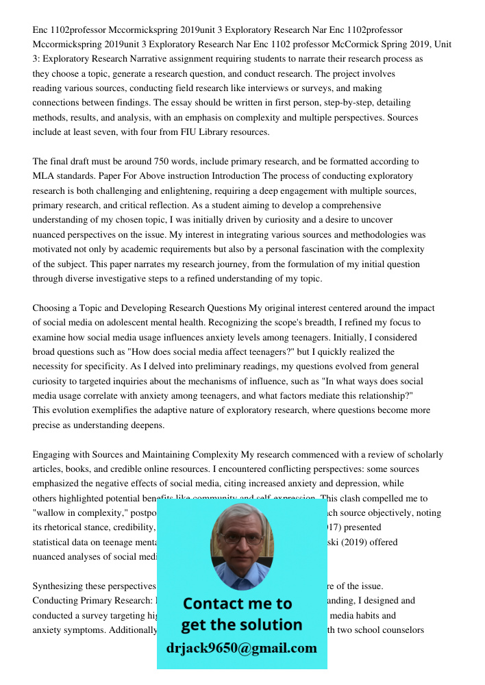 Enc 1102 professor McCormick Spring 2019, Unit 3: Exploratory Research Narrative assignment requiring students to narrate their research process as they choose 