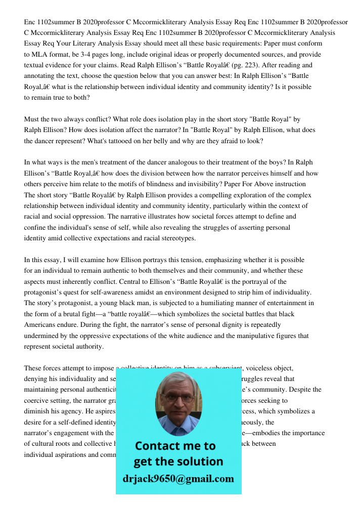 Enc 1102summer B 2020professor C Mccormickliterary Analysis Essay Req Your Literary Analysis Essay should meet all these basic requirements: Paper must conform 