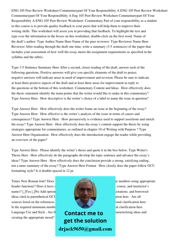 Eng 105 Peer Review Worksheet Commentarypart Of Your Responsibility A ENG-105 Peer Review Worksheet: Commentary Part of your responsibility as a student in this