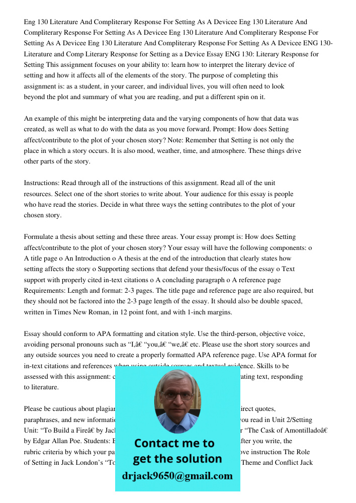 Eng 130 Literature And Compliterary Response For Setting As A Devicee Eng 130 Literature And Compliterary Response For Setting As A Devicee ENG 130- Literature 