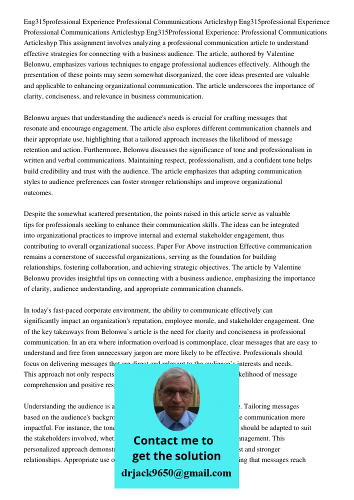 Eng315Professional Experience: Professional Communications Articleshyp This assignment involves analyzing a professional communication article to understand eff