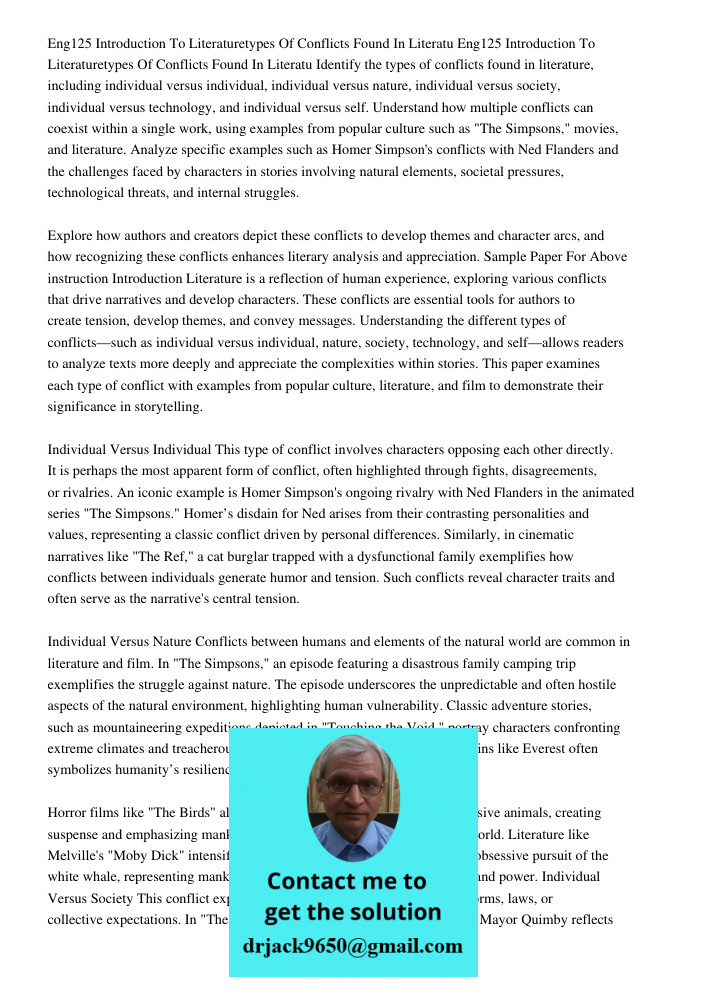 Identify the types of conflicts found in literature, including individual versus individual, individual versus nature, individual versus society, individual ver