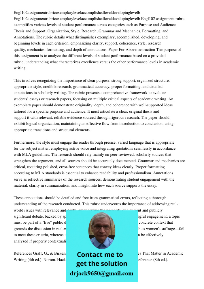 Engl102 assignment rubric exemplifies various levels of student performance across categories such as Purpose and Audience, Thesis and Support, Organization, St