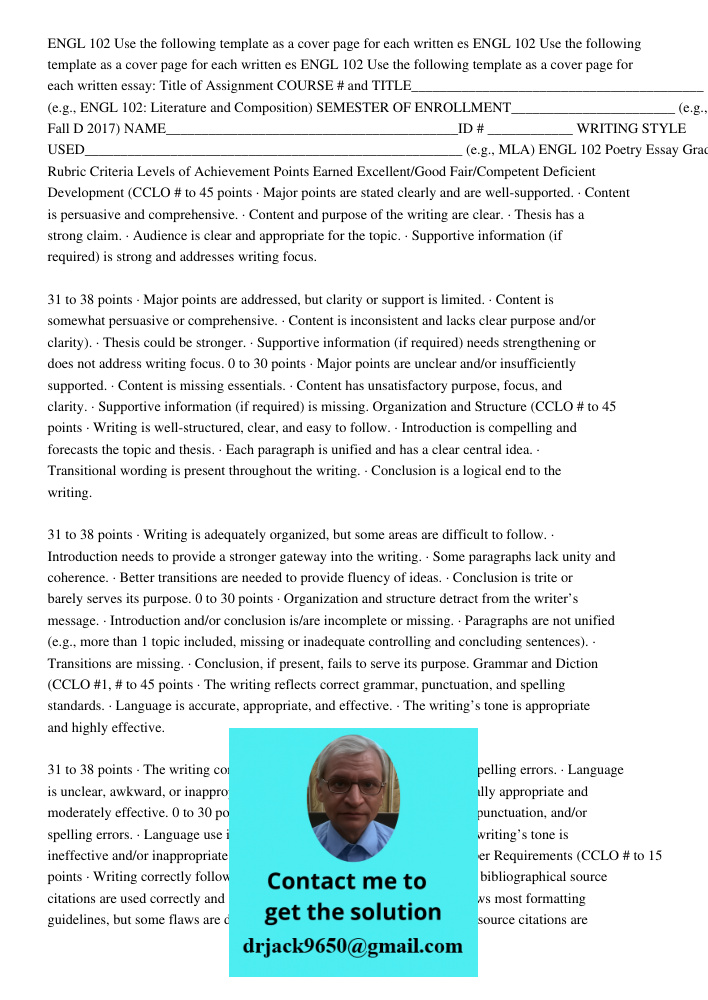 ENGL 102 Use the following template as a cover page for each written essay: Title of Assignment COURSE # and TITLE_________________________________________ (e.g