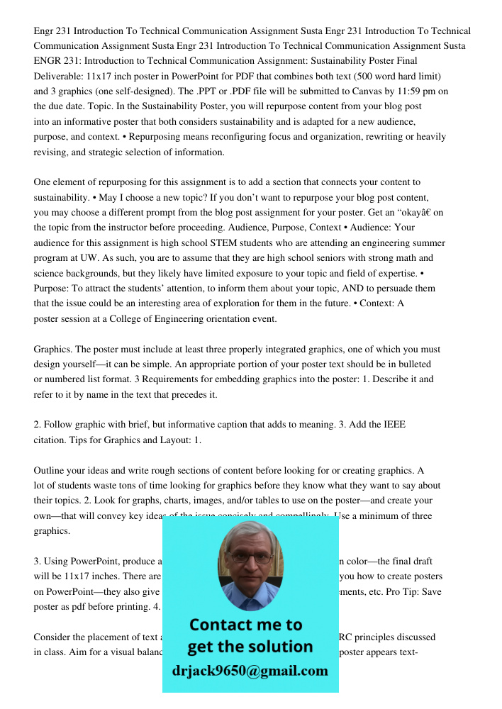 Engr 231 Introduction To Technical Communication Assignment Susta ENGR 231: Introduction to Technical Communication Assignment: Sustainability Poster Final Deli