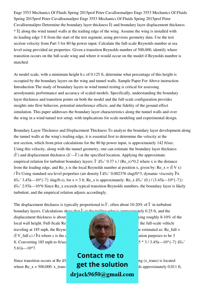 Engr 3553 Mechanics Of Fluids Spring 2015prof Peter Cavalloemailpro Determine the boundary layer thickness χ and boundary layer displacement thickness * χ along