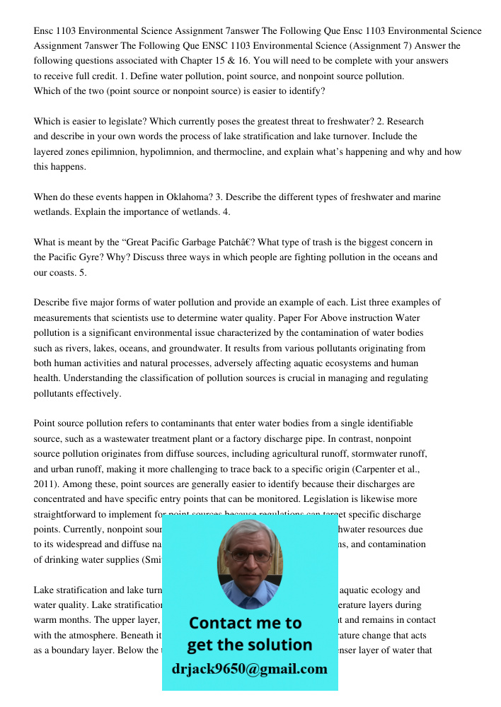 ENSC 1103 Environmental Science (Assignment 7) Answer the following questions associated with Chapter 15 & 16. You will need to be complete with your answers to