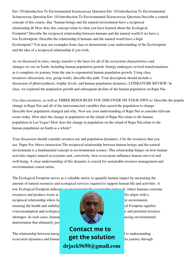 Env 101introduction To Environmental Scienceessay Question Describe a central concept of this course, that “human beings and the natural environment have a reci