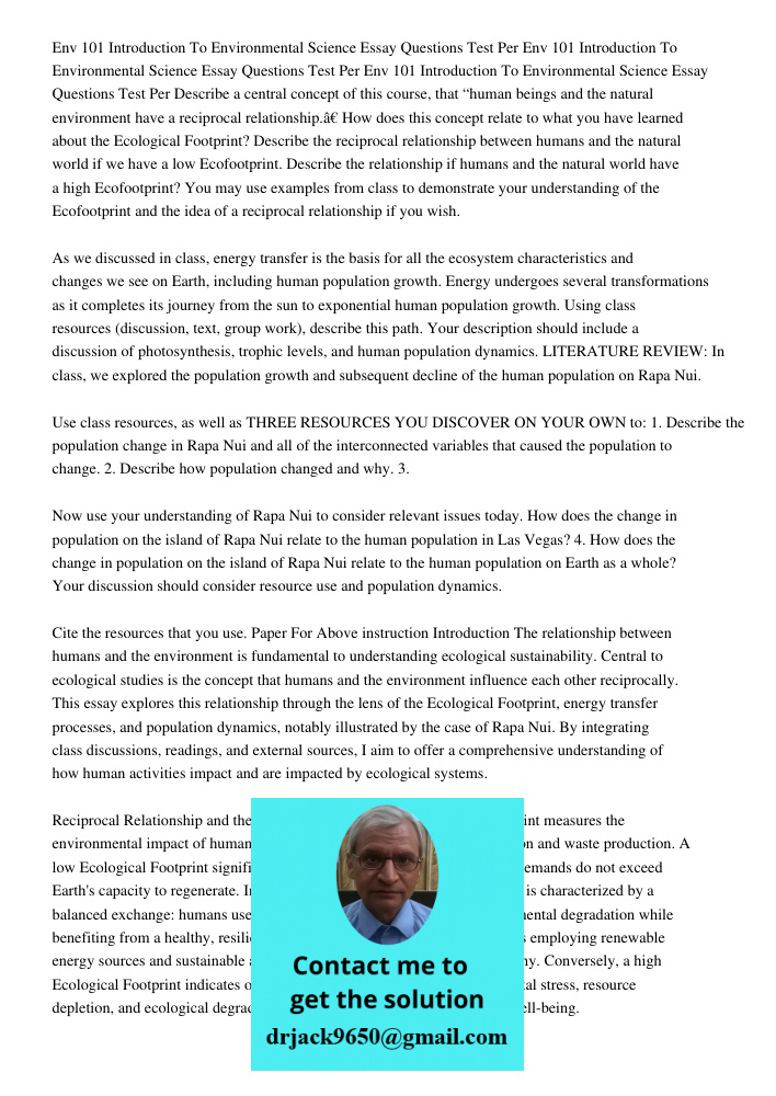 Env 101 Introduction To Environmental Science Essay Questions Test Per Describe a central concept of this course, that “human beings and the natural environment