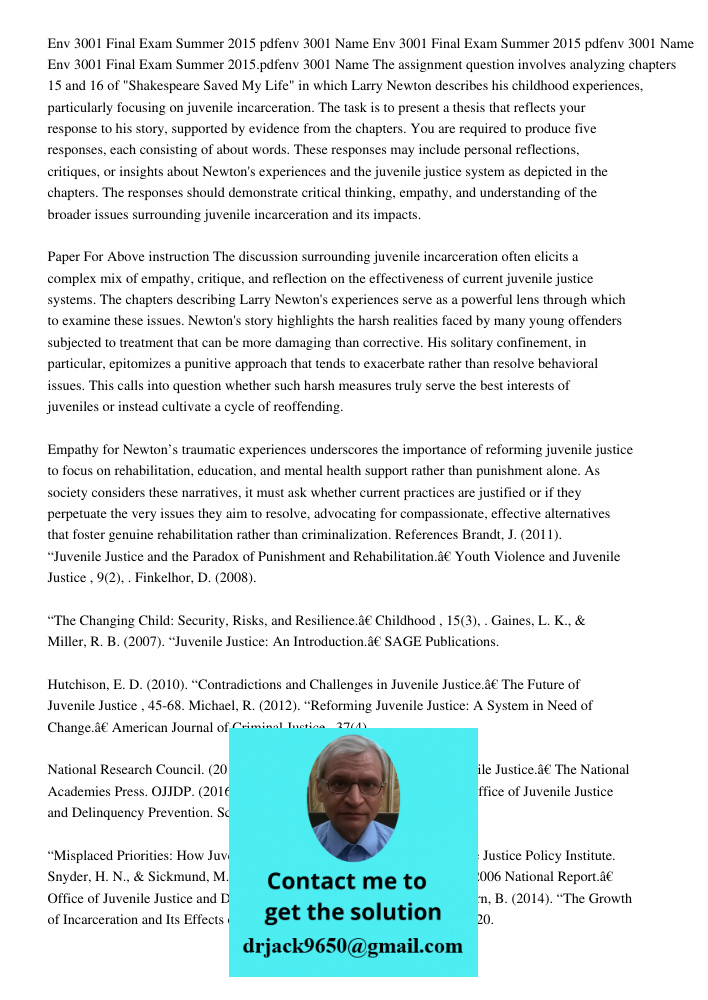 Env 3001 Final Exam Summer 2015 pdfenv 3001 Name The assignment question involves analyzing chapters 15 and 16 of "Shakespeare Saved My Life" in which Larry New