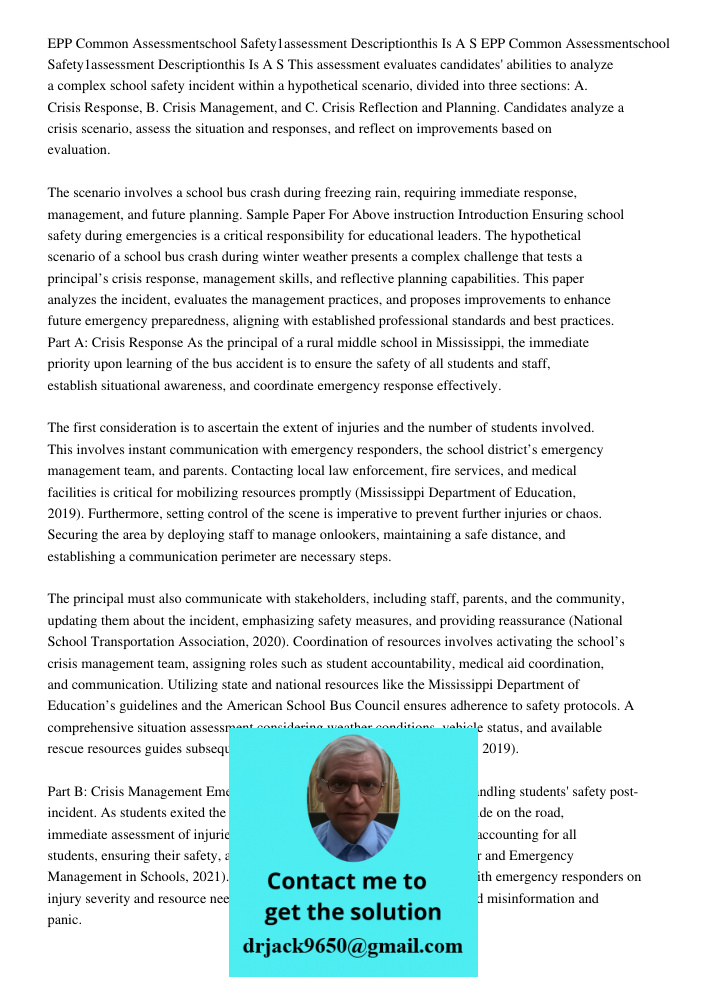 This assessment evaluates candidates' abilities to analyze a complex school safety incident within a hypothetical scenario, divided into three sections: A. Cris