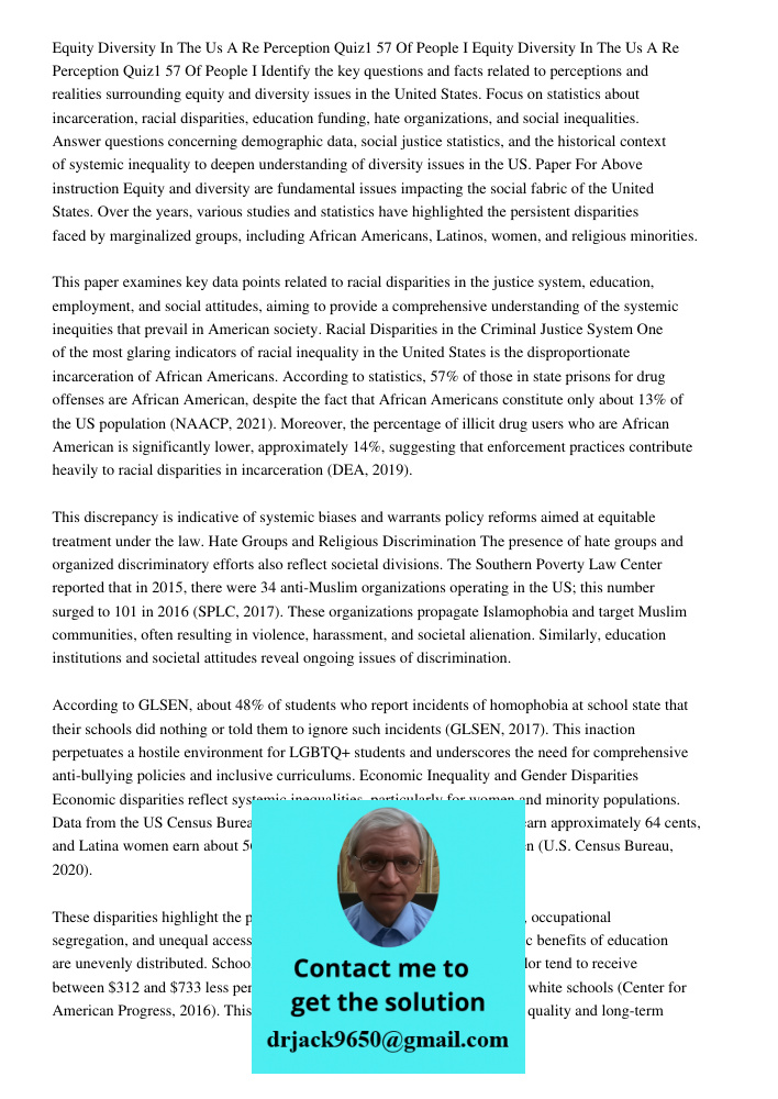 Identify the key questions and facts related to perceptions and realities surrounding equity and diversity issues in the United States. Focus on statistics abou