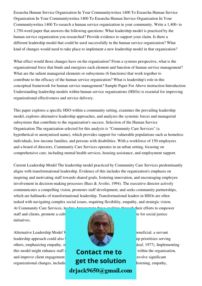 Esearcha Human Service Organization In Your Communitywritea 1400 To esearch a human service organization in your community. Write a 1,400- to 1,750-word paper t