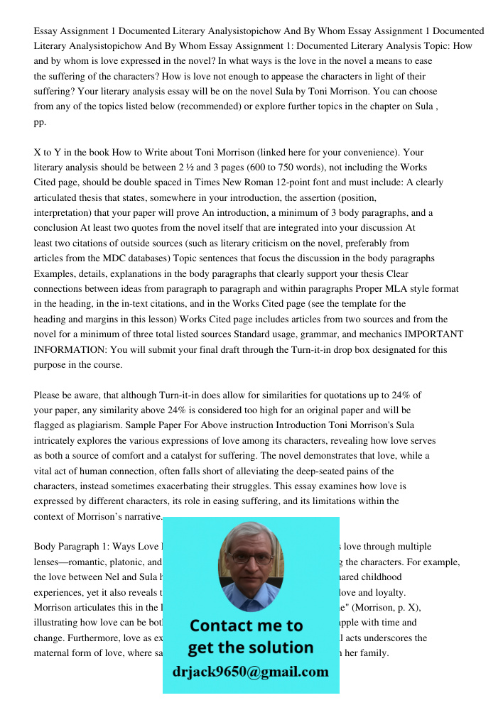 Essay Assignment 1: Documented Literary Analysis Topic: How and by whom is love expressed in the novel? In what ways is the love in the novel a means to ease th