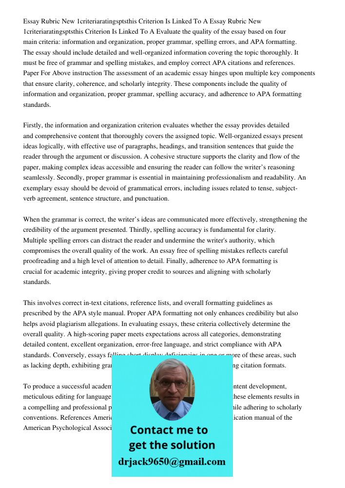 Evaluate the quality of the essay based on four main criteria: information and organization, proper grammar, spelling errors, and APA formatting. The essay shou