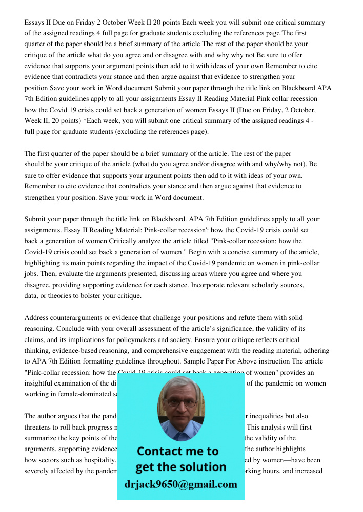 Critically analyze the article titled "Pink-collar recession: how the Covid-19 crisis could set back a generation of women." Begin with a concise summary of the