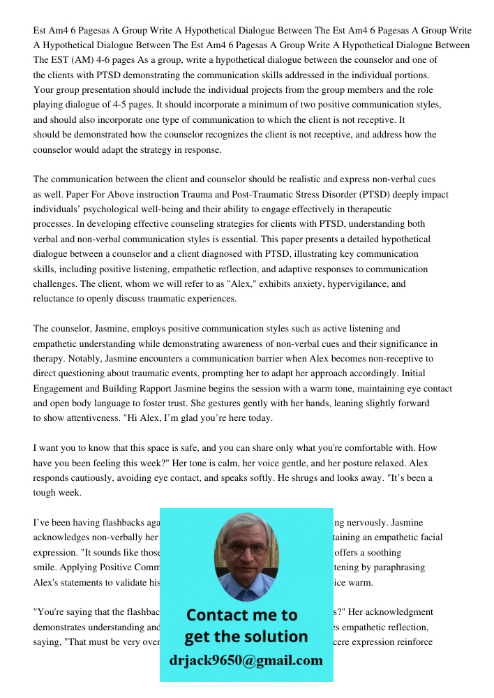 Est Am4 6 Pagesas A Group Write A Hypothetical Dialogue Between The EST (AM) 4-6 pages As a group, write a hypothetical dialogue between the counselor and one o
