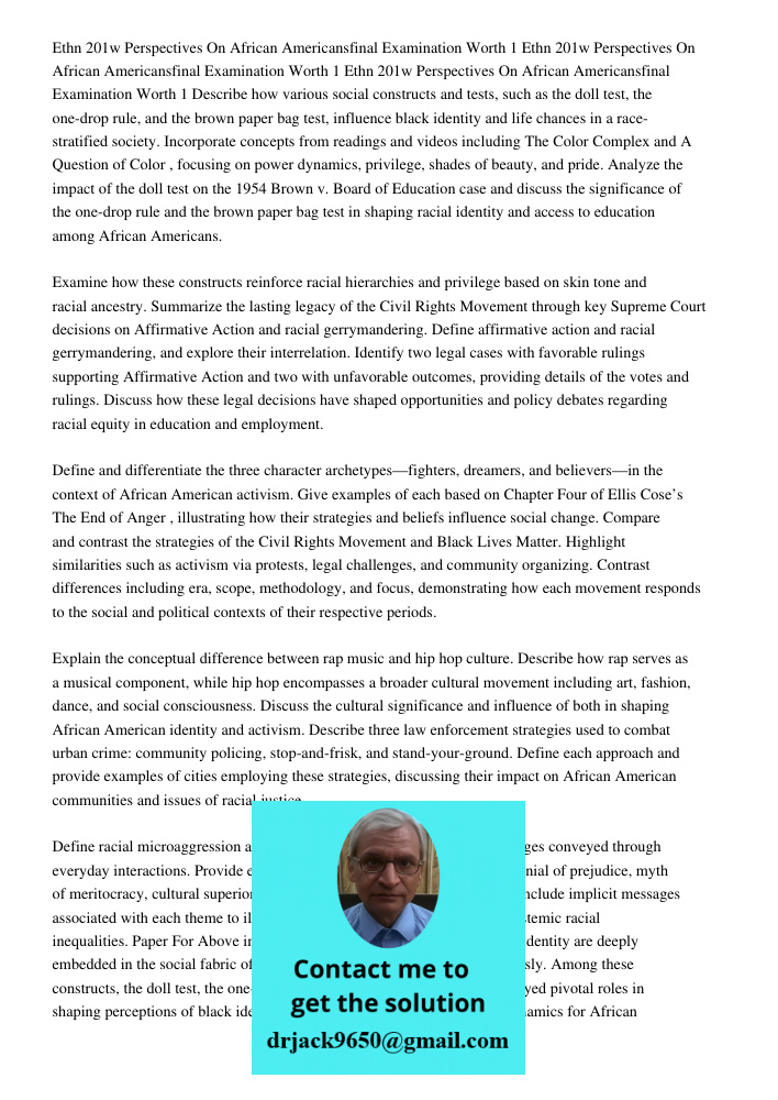 Ethn 201w Perspectives On African Americansfinal Examination Worth 1 Describe how various social constructs and tests, such as the doll test, the one-drop rule,