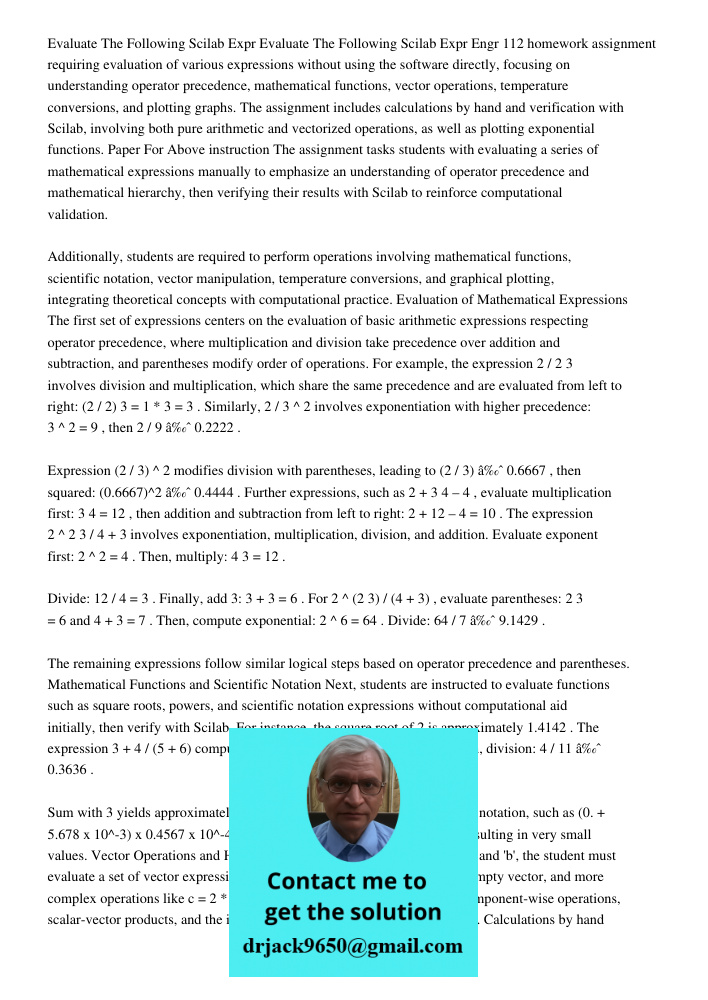 Engr 112 homework assignment requiring evaluation of various expressions without using the software directly, focusing on understanding operator precedence, mat