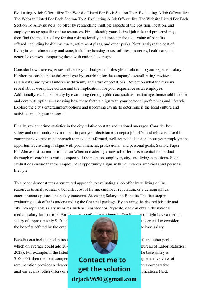 Evaluating A Job Offerutilize The Website Listed For Each Section To A Evaluate a job offer by researching multiple aspects of the position, location, and emplo