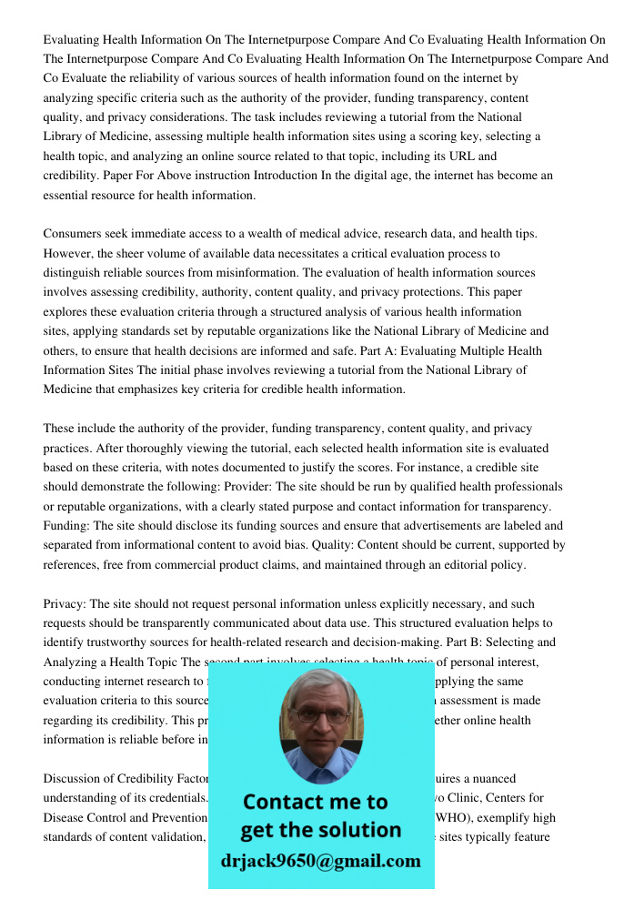 Evaluating Health Information On The Internetpurpose Compare And Co Evaluate the reliability of various sources of health information found on the internet by a