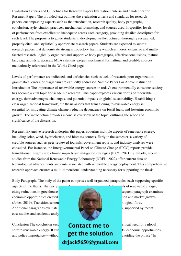 The provided text outlines the evaluation criteria and standards for research papers, encompassing aspects such as the introduction, research quality, body para