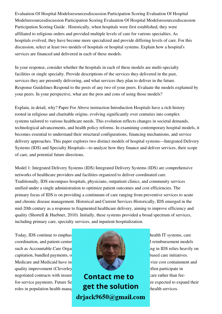 Evaluation Of Hospital Modelsresourcesdiscussion Participation Scoring Guide . Historically, when hospitals were first established, they were affiliated to reli