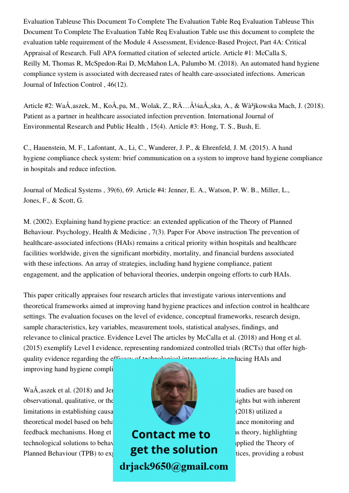 Evaluation Table use this document to complete the evaluation table requirement of the Module 4 Assessment, Evidence-Based Project, Part 4A: Critical Appraisal 
