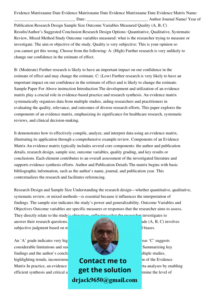Evidence Matrixname Date Evidence Matrix Name: _____________________________ Date: _____________________________ Author Journal Name/ Year of Publication Resear