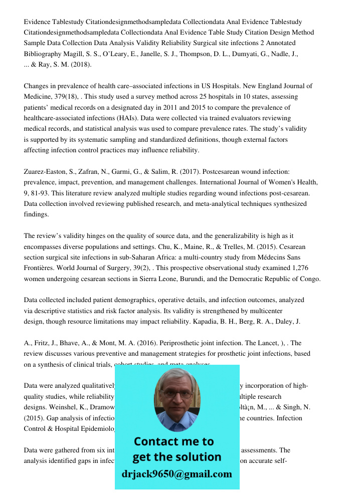 Evidence Table Study Citation Design Method Sample Data Collection Data Analysis Validity Reliability Surgical site infections 2 Annotated Bibliography Magill, 