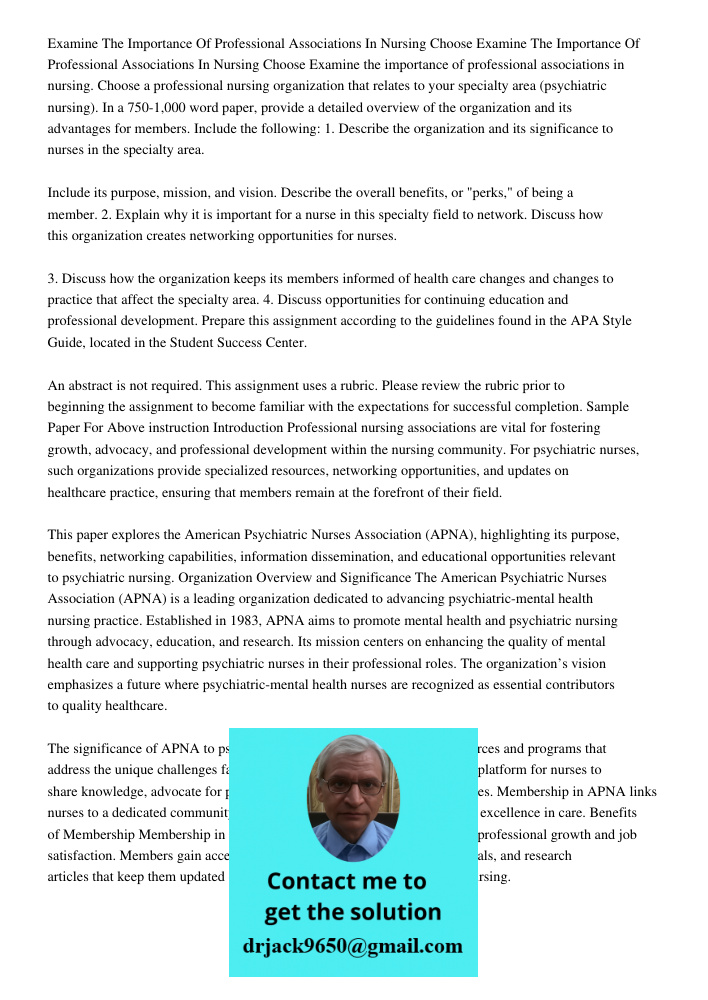 Examine the importance of professional associations in nursing. Choose a professional nursing organization that relates to your specialty area (psychiatric nurs