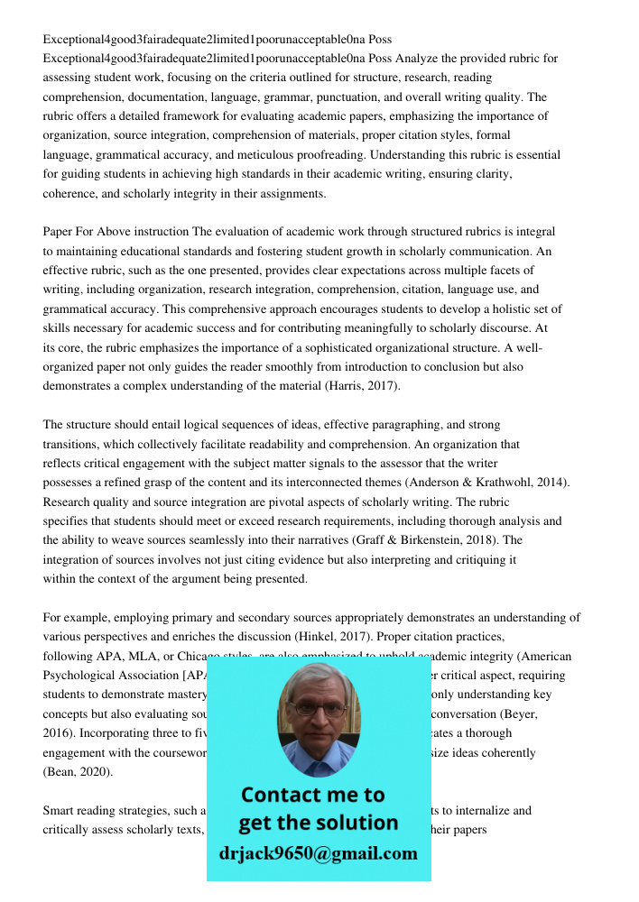 Analyze the provided rubric for assessing student work, focusing on the criteria outlined for structure, research, reading comprehension, documentation, languag