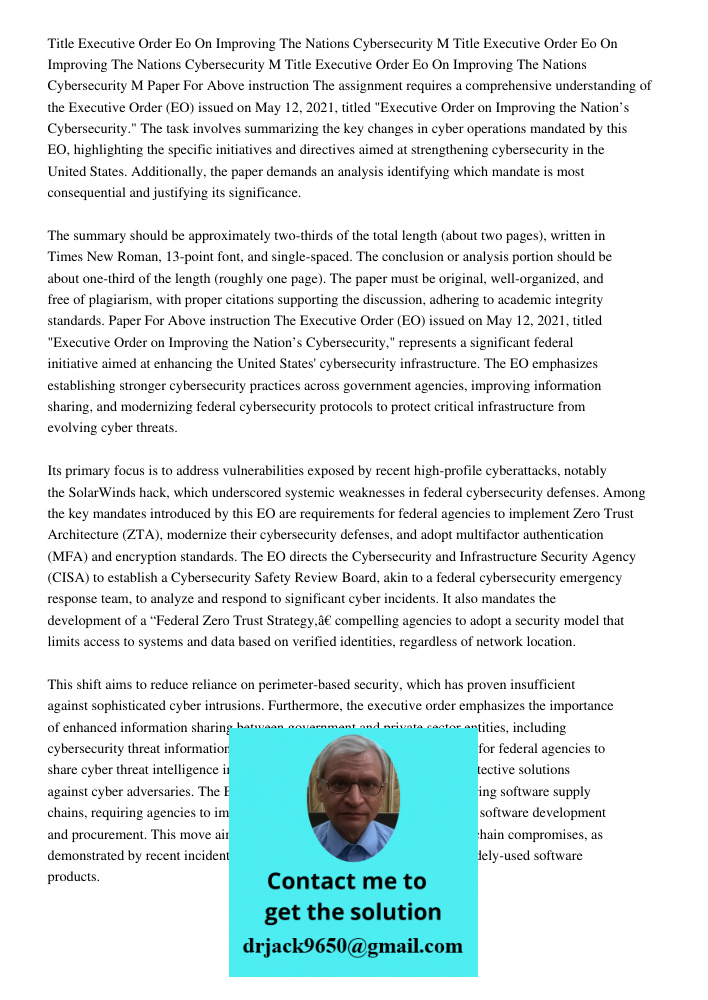 Title Executive Order Eo On Improving The Nations Cybersecurity M Paper For Above instruction The assignment requires a comprehensive understanding of the Execu